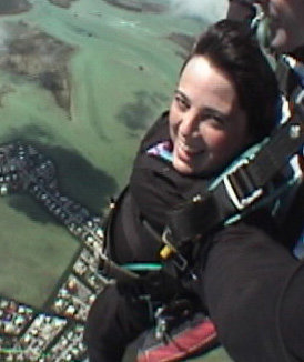 Izolda mid skydive with the waters around Key West below