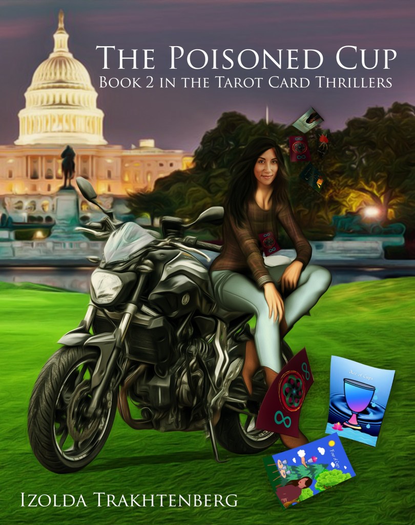 Long haired woman sits on a motorcycle with the US Capitol building in the background and three cups suit tarot cards at her feet.
